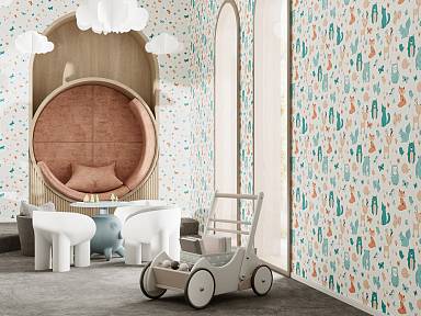 Обои «Уик-энд» для детской: звёздочки и корги в нежных тонах Обои «Уик-энд» для детской: звёздочки и корги в нежных тонах